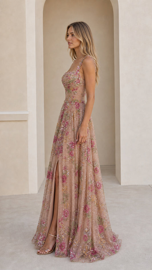 Side profile of Dusty Rose floral sequined evening gown highlighting side slit and floor length drape