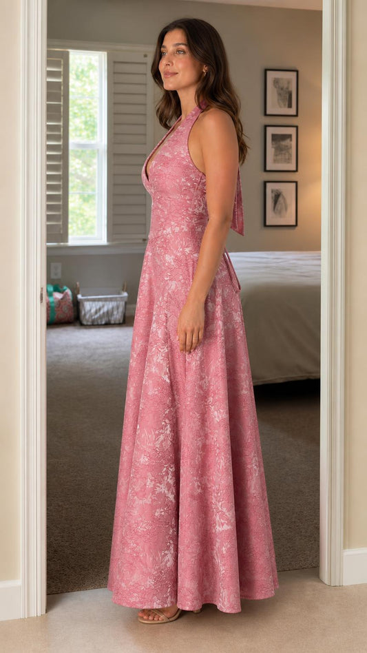 Side profile view of the pink maxi dress