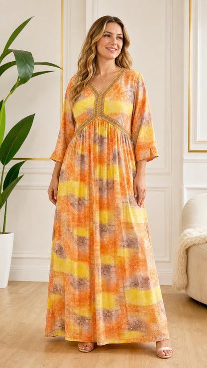 Front view of model wearing Orange abstract print embroidered V-neck maxi dress