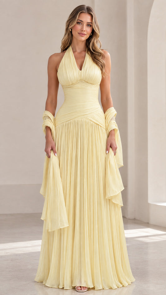 Front view of Butter Yellow halter ruched pleated maxi gown with matching shawl