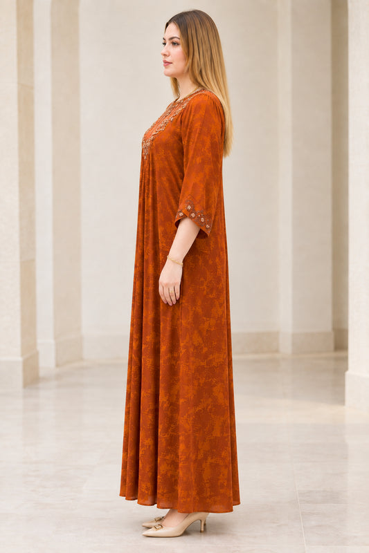 Side profile view of Rust Orange flowing modest maxi dress