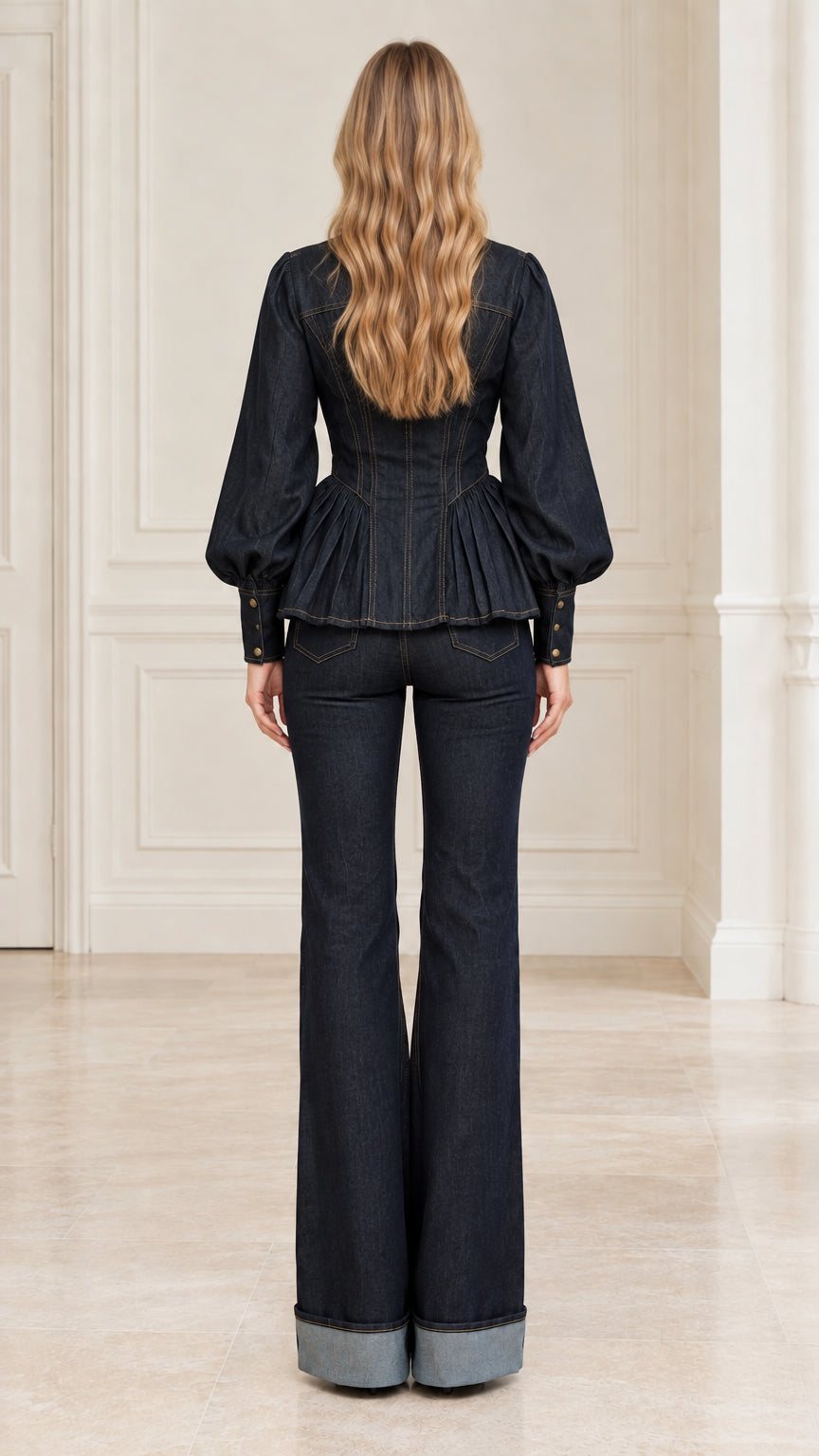 Back view of model wearing Dark Indigo denim set highlighting gathered waist and flared hems