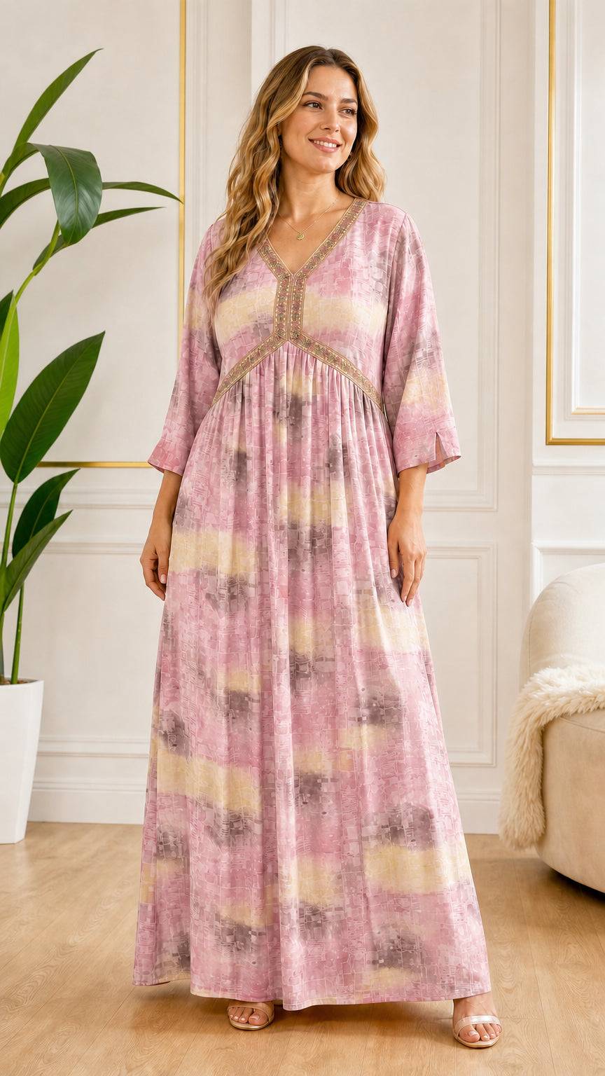 Front view of model wearing Pink watercolor print embroidered maxi dress