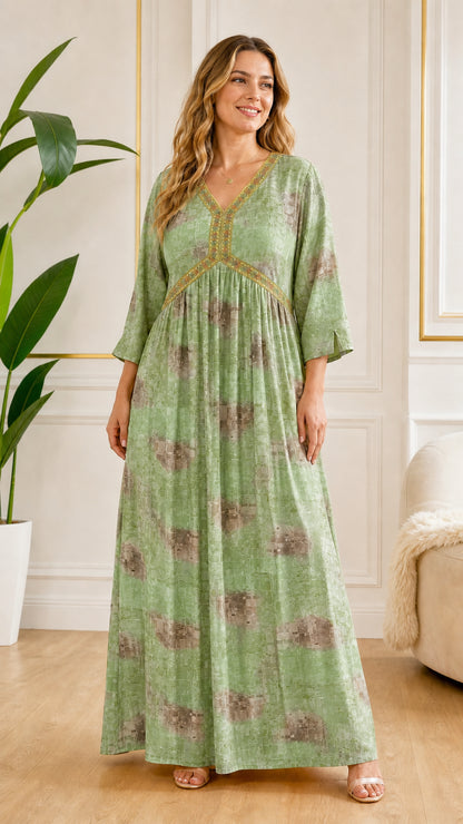 Front view of model wearing Sage Green printed bohemian maxi dress