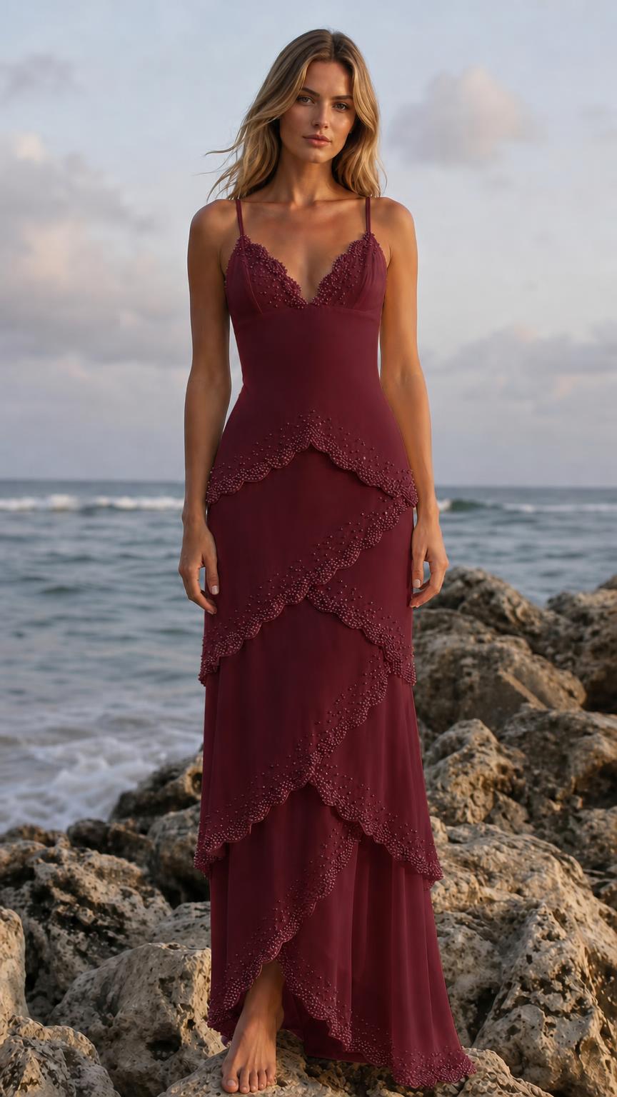Front view of woman wearing burgundy embellished tiered maxi slip dress