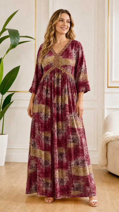 Front view of model wearing Burgundy wine abstract print long maxi dress