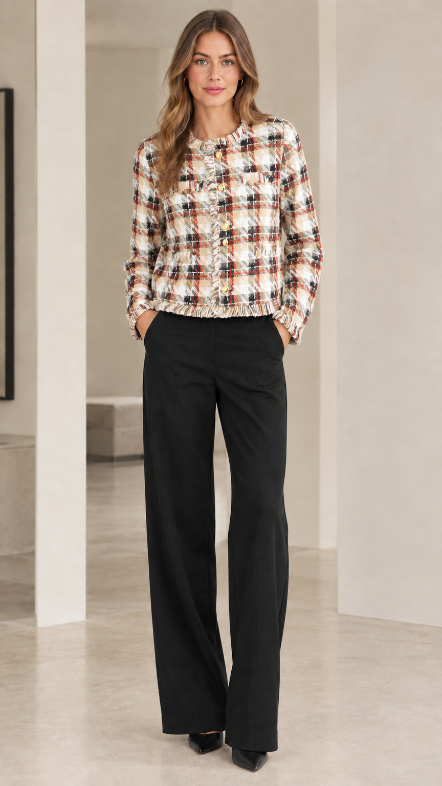 Model wearing beige and warm neutral plaid tweed cropped jacket